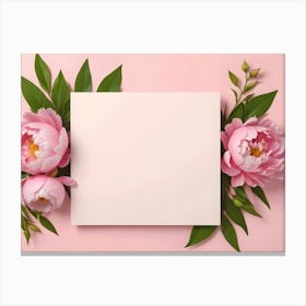 Square Invitation Or Greeting Card Mockup With Pink Peony Flowers On A Pastel Pink Background, Top View, Flat Lay 1 Canvas Print