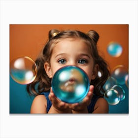 Little Girl Blowing soap Bubbles 4 Canvas Print