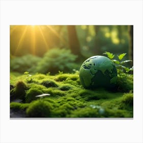 A Miniature Green Globe Resting On A Bed Of Moss In A Lush Forest With Sunlight Streaming Through The Trees, Symbolizing Environmental Awareness And Sustainability 1 Canvas Print