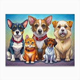 Portrait Of Four Dogs And A Cat Canvas Print