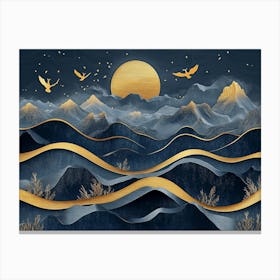 3d Golden Blue and Golden Wave Mountains at Night Canvas Print