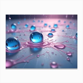 Blue Liquid Spheres Rest Atop Pink Splashes Of Paint, While Droplets Rain Down On A Blue Surface, Capturing The Dynamic Interplay Of Fluids Canvas Print