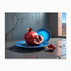 A Pomegranate Sliced Open On A Blue Plate With Additional Slices On The Cracked Floor Canvas Print