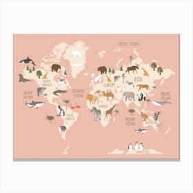 Modern World Map With Animals In Pink Canvas Print