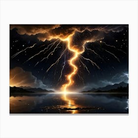 A Dramatic Landscape At Night With A Massive Bolt Of Lightning Striking A Lake, Surrounded By Mountains And A Starry Sky Canvas Print