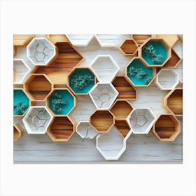 White Lattice And Turquoise Elements Combine With Dynamic Hexagons In An Oak Wood Design Canvas Print