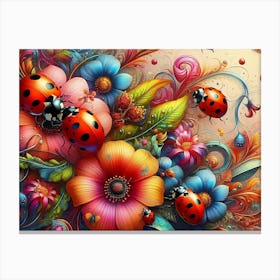 Ladybugs And Flowers Canvas Print