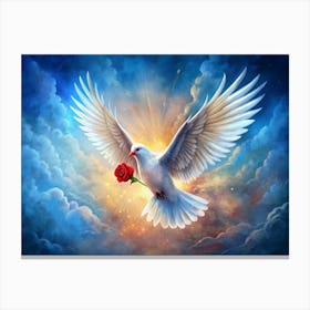 White Dove Carrying A Red Rose Canvas Print