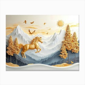 3d Art Featuring Horse, Golden Trees, Mountains, Suns, Birds On Modern Background, Trees Canvas Print