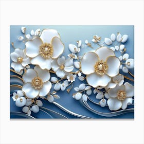 White Flowers On A Blue Background 4 Canvas Print