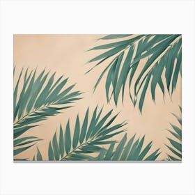 A Minimalist Image Of A Beige Background With Green Palm Leaves Arranged In A Symmetrical Pattern Canvas Print