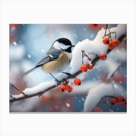 Chickadee in the snowfall Canvas Print