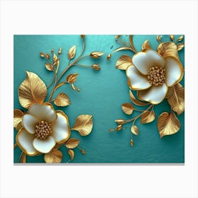 The Classic Design With Turquoise Shapes And Golden Branched Flowers In A Three Canvas Print