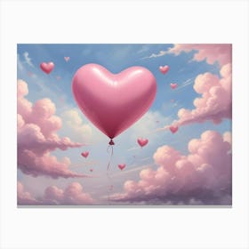 Pink Heart Shaped Balloons Floating In The Clouds Canvas Print