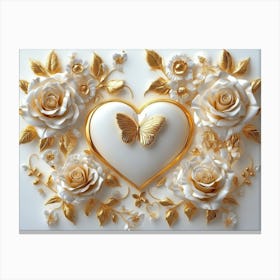 3d Gold Roses and Butterflies in Heart Canvas Print