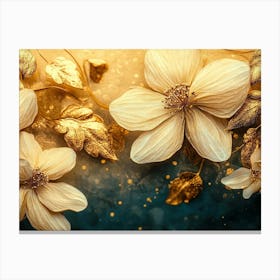 3d Gold Flowers On A Blue Canvas Print