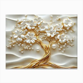 3d Art with Gold Tree Life White Pearl and Flowers Canvas Print