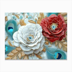 3d Design Illustration Seamless Pattern Diamond Painting White, Crimson, Turquoise And Golden Roses Flowers Canvas Print