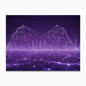 A Stylized, Futuristic Cityscape Rendered In A Vibrant Purple Hue, With Glowing Lines Connecting Buildings And Forming A Web Like Network Canvas Print