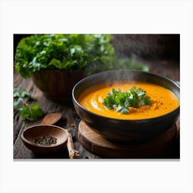 Autumn Pumpkin Curry Soup Steaming In An Earthenware Bowl Vibrant Orange Against Dark Green Lettuc (7) Canvas Print