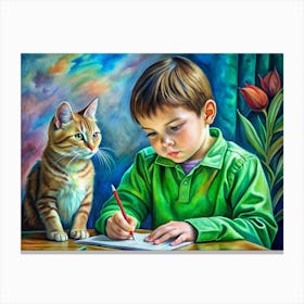 Boy Writing With Cat Watching Canvas Print