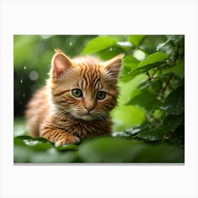 Kitten hiding behind green leaves In The Rain Canvas Print