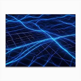 Abstract, Blue Glowing Lines Create A Network Like Structure On A Black Background, Forming An Otherworldly Or Technological Landscape Canvas Print