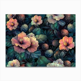 Floral Fantasy Seamless Pattern with Vintage Exotic Tropical Flowers, Hibiscus, Protea, Plumeria, Cactus Leaves Canvas Print