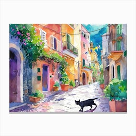 Amalfi, Italy   Black Cat In Street Art Watercolour Painting 3 Canvas Print