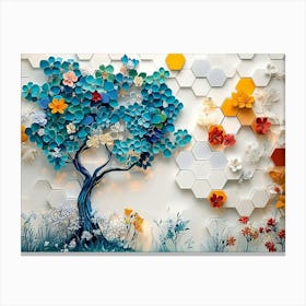 Vibrant Turquoise Tree And Colorful Hexagons Create A Striking Effect Against White Lattice And Floral Canvas Print