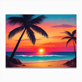 A Tranquil Beach At Sunset Horizontal Illustration 65 Canvas Print