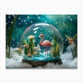 Plush Flamingo Swimming In A Transparent Glass Lake Surrounded By Sunlight Filtering Through Snowfa 1 Canvas Print