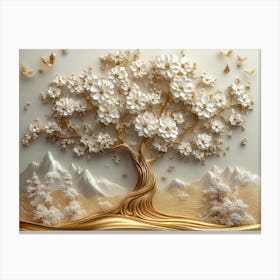 3d Art Golden Tree with White Flowers 2 Canvas Print