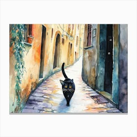 Black Cat In Turin, Italy, Street Art Watercolour Painting 3 Canvas Print