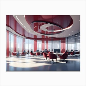 Modern Office Interior With Red Accents, Curved Ceiling, And Large Windows Overlooking A Cityscape Canvas Print