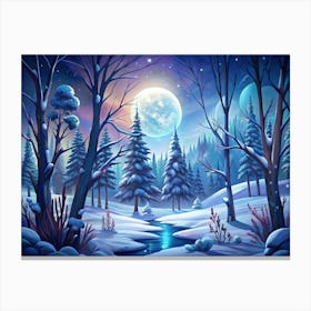 Winter Forest Scene With Snow And A Full Moon Canvas Print