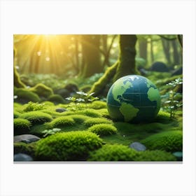 A Miniature Green Globe Resting On A Bed Of Moss In A Lush Forest With Sunlight Streaming Through The Trees, Symbolizing Environmental Awareness And Sustainability 2 Canvas Print