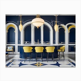 A Stylish Kitchen With A Blue And Gold Color Scheme Canvas Print