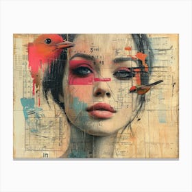 Analog Fusion: A Tapestry of Mixed Media Masterpieces Girl With Bird Canvas Print
