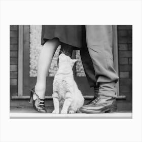 White Cat Looking at Couple Kissing, Vintage Black and White Old Photo Canvas Print