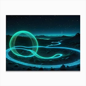 A Night Scene With A Luminous Green Ring, Created By Light Painting, Around A Rocky Mountain Path Canvas Print