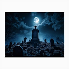 A Haunting View Of A Tomb Silhouetted Against The Night Sky A Gravestone With The Cross Engraved W (5) Canvas Print