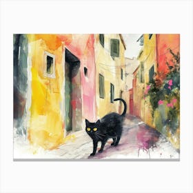 Black Cat In Pescara, Italy, Street Art Watercolour Painting 1 Canvas Print