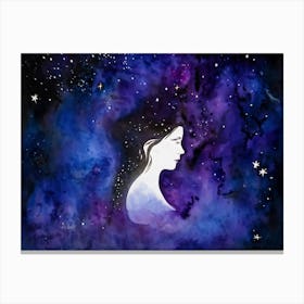 Watercolor Of A Woman Merges With The Cosmos Backdrop Of A Vast Nightfall Sky Stars And Galaxies A Canvas Print