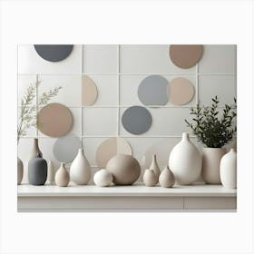 A Collection Of Ceramic Vases In Various Shapes And Sizes, Arranged On A White Surface With A Geometric Background, Showcasing Minimalist Interior Design Canvas Print