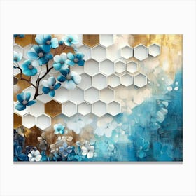 Abstract White Lattice Tiles, Turquoise Tree, And Dynamic Blue Hexagons On A Floral Painting Canvas Print