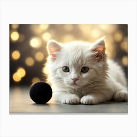 White Kitten With Black Ball 1 Canvas Print