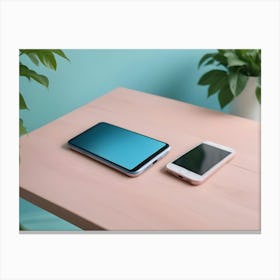 Two Smartphones On A Wooden Table, Surrounded By Green Plants Canvas Print