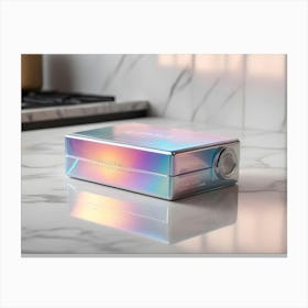 A Rectangular, Metallic Box With A Holographic Finish, Sitting On A White Marble Surface Canvas Print