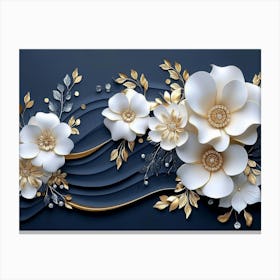 3d Artwork Illustration White and Blue Background with Golden Jewelry and Flowers in Black Design 1 Canvas Print